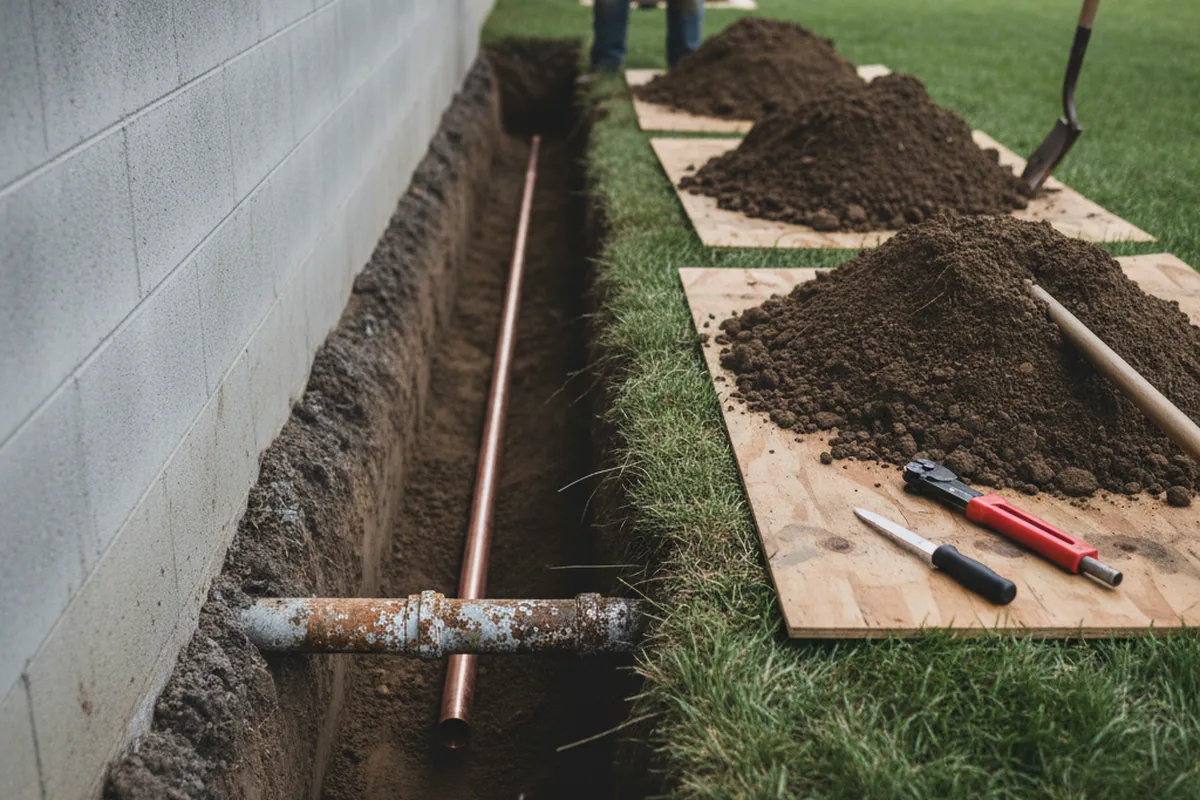 Excavated water line trench during Water Heater Repair in Minot